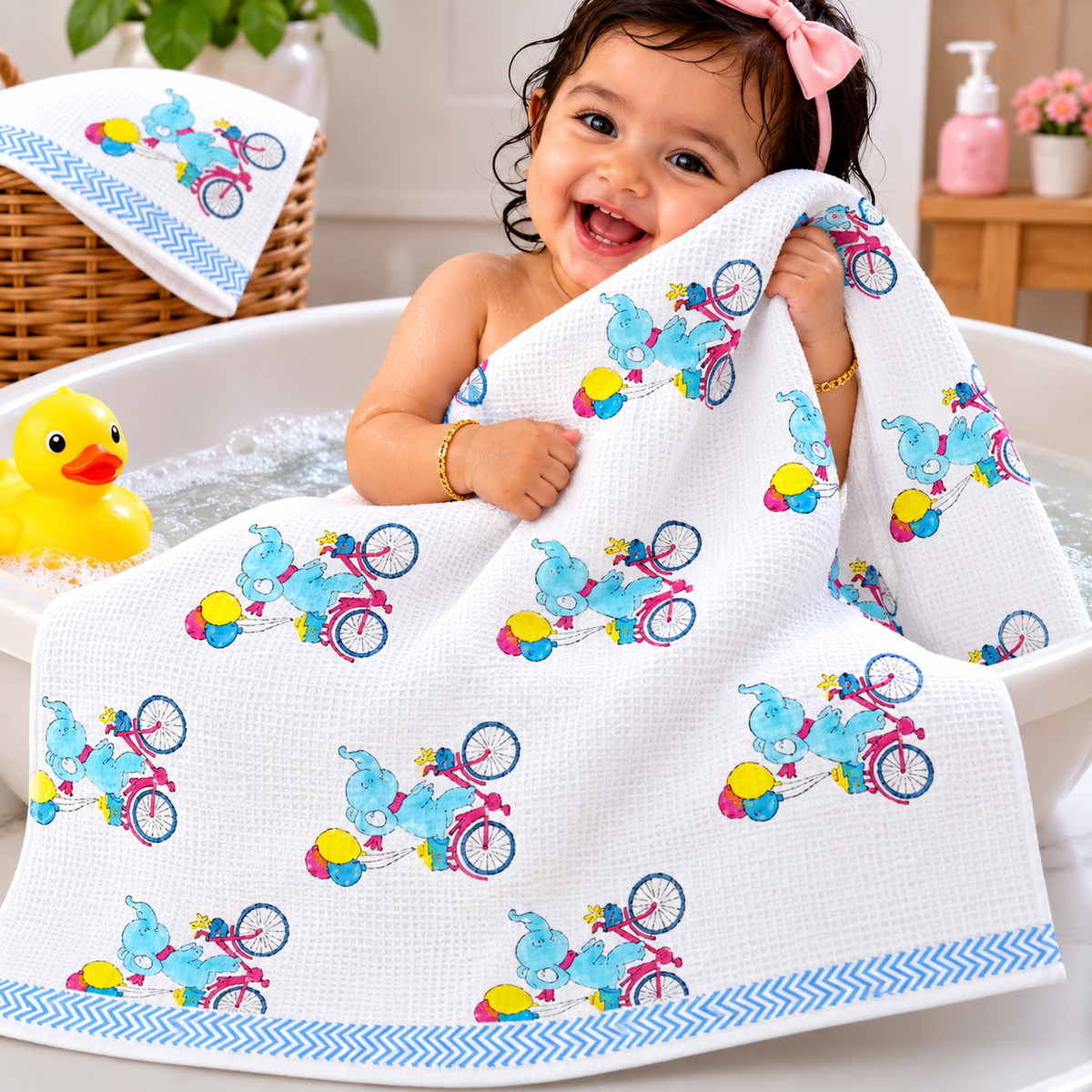 Kids Zone Waffle Printed Pure Cotton Bath & Hand Towels