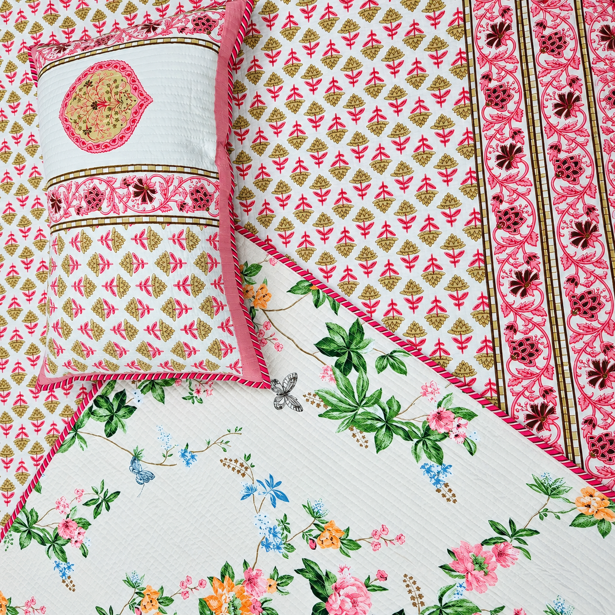 Nilaya Floral Premium Pure Cotton White & Pink Printed Bedcover