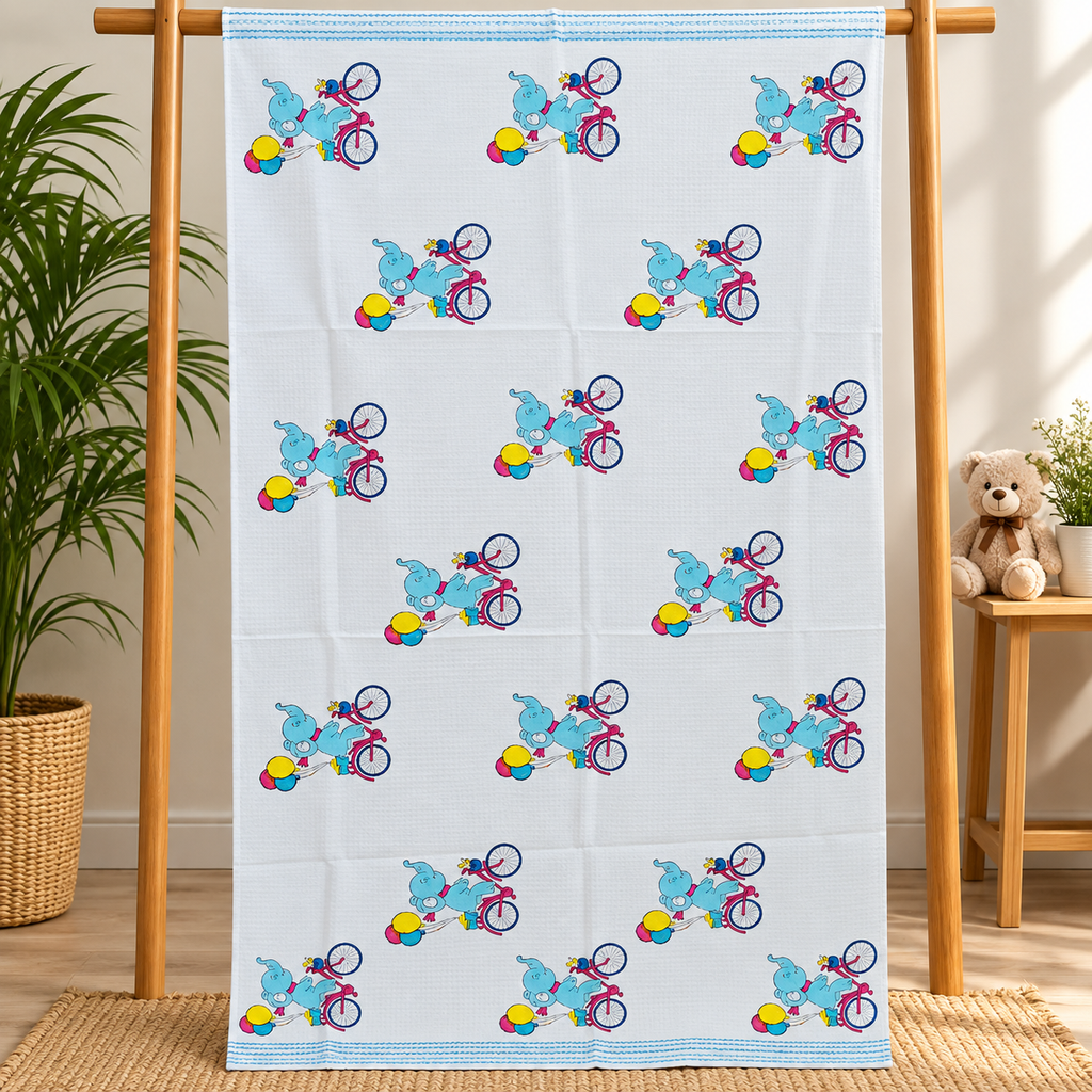 Kids Zone Waffle Printed Pure Cotton Bath & Hand Towels