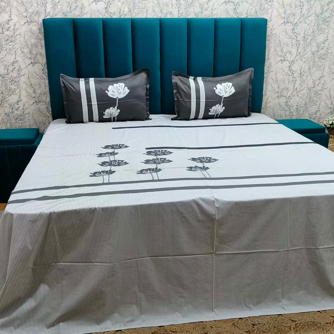 Shahi Karigari Pure Cotton King-Size Grey Floral Embroidered Bedsheet