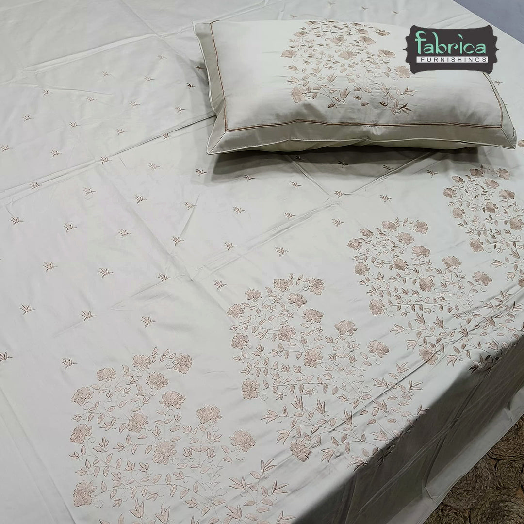 Roselyn Premium Pure Cotton Super King-Size Peacock Floral Embroidered Bedsheet