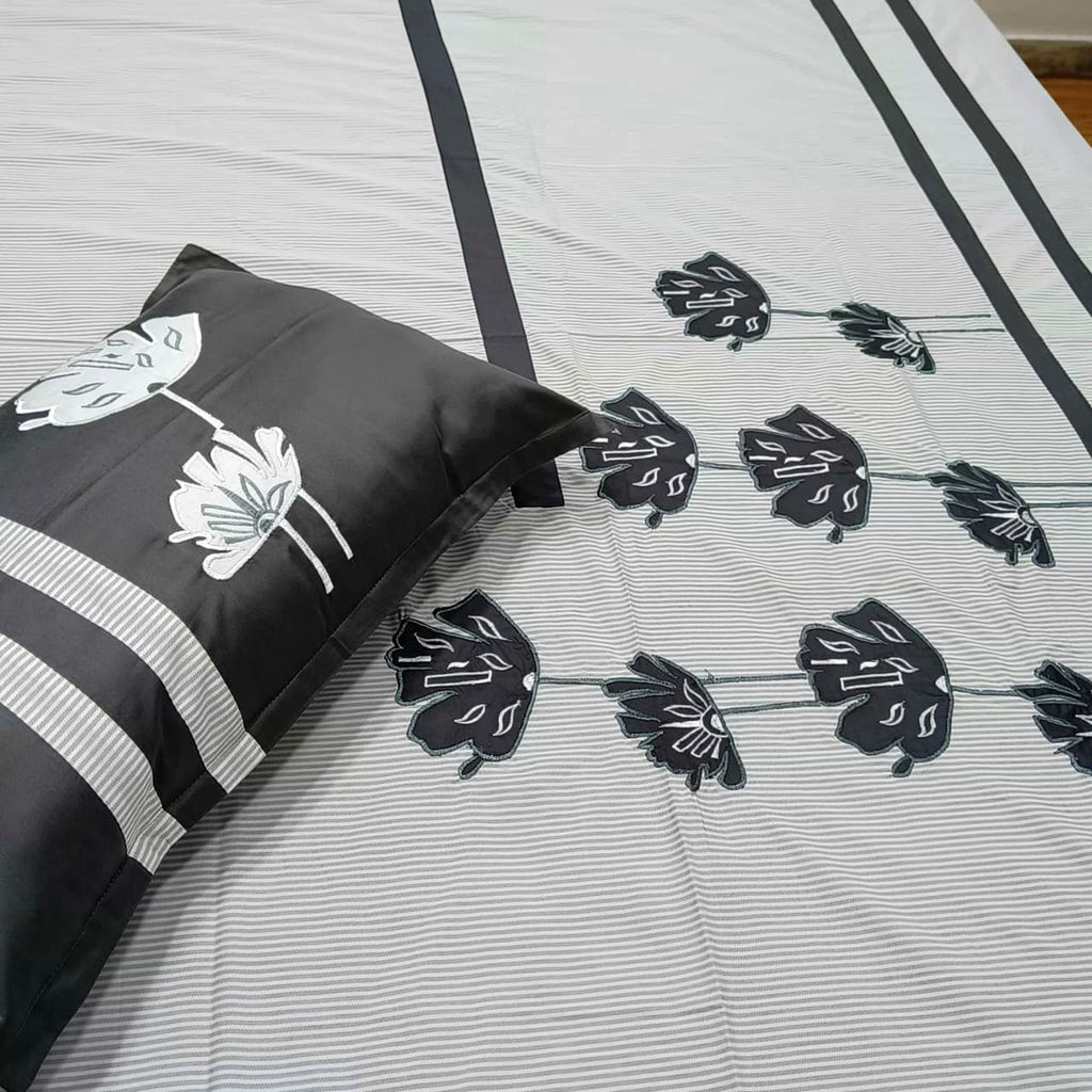 Shahi Karigari Pure Cotton King-Size Grey Floral Embroidered Bedsheet
