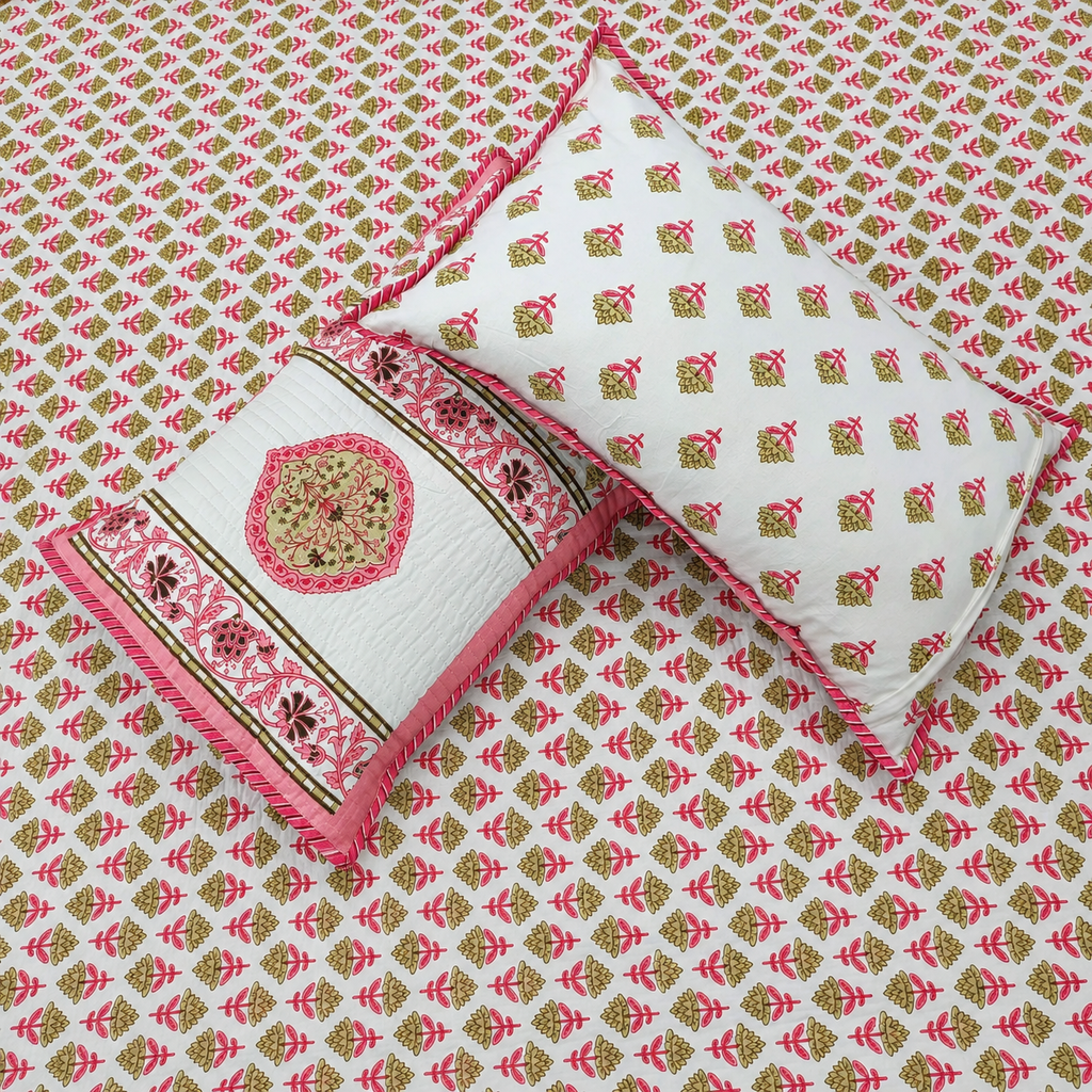 Nilaya Floral Premium Pure Cotton White & Pink Printed Bedcover