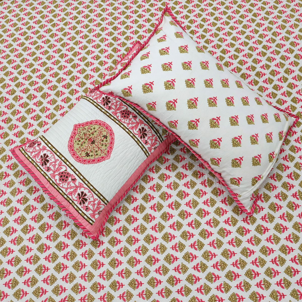 Nilaya Floral Premium Pure Cotton White & Pink Printed Bedcover
