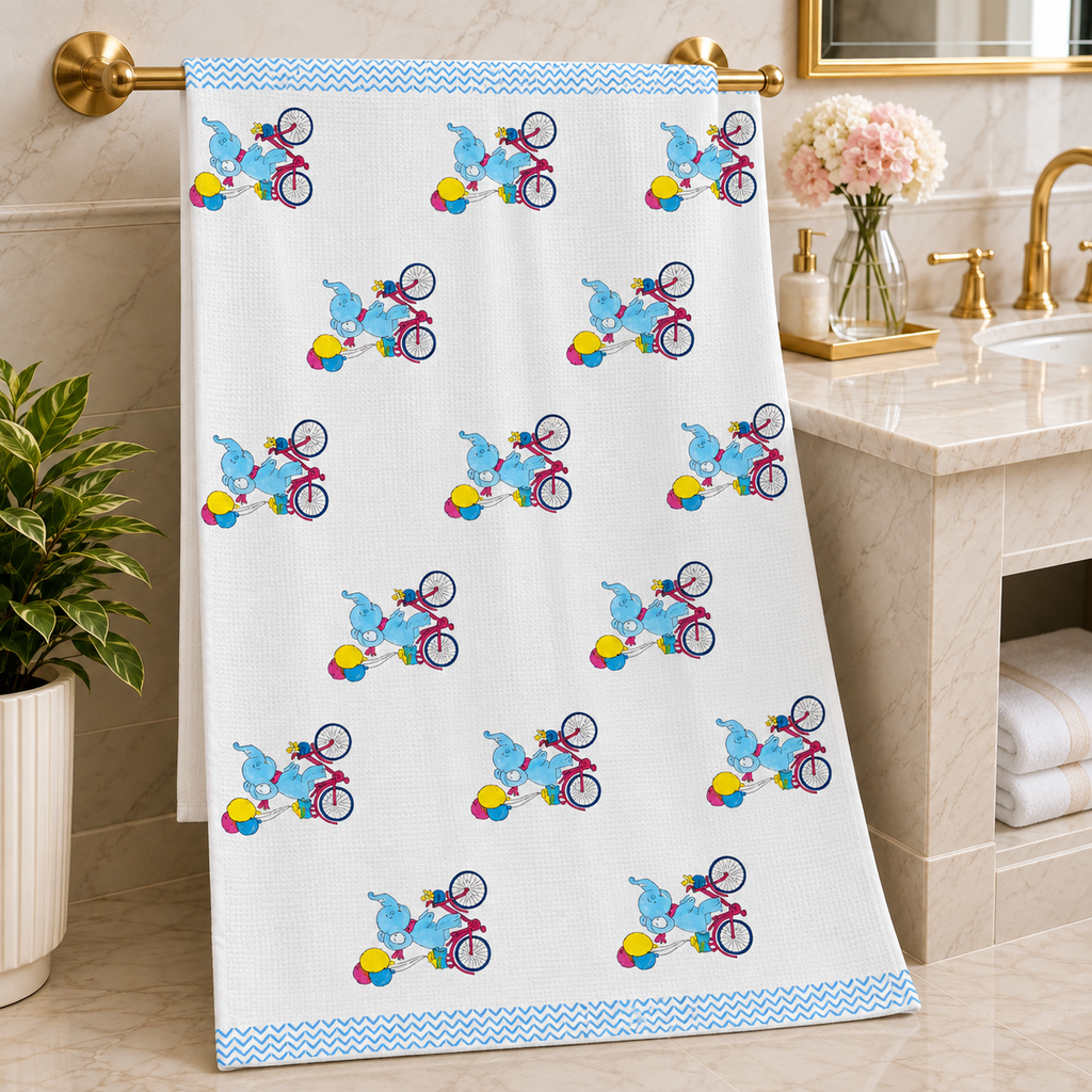 Kids Zone Waffle Printed Pure Cotton Bath & Hand Towels