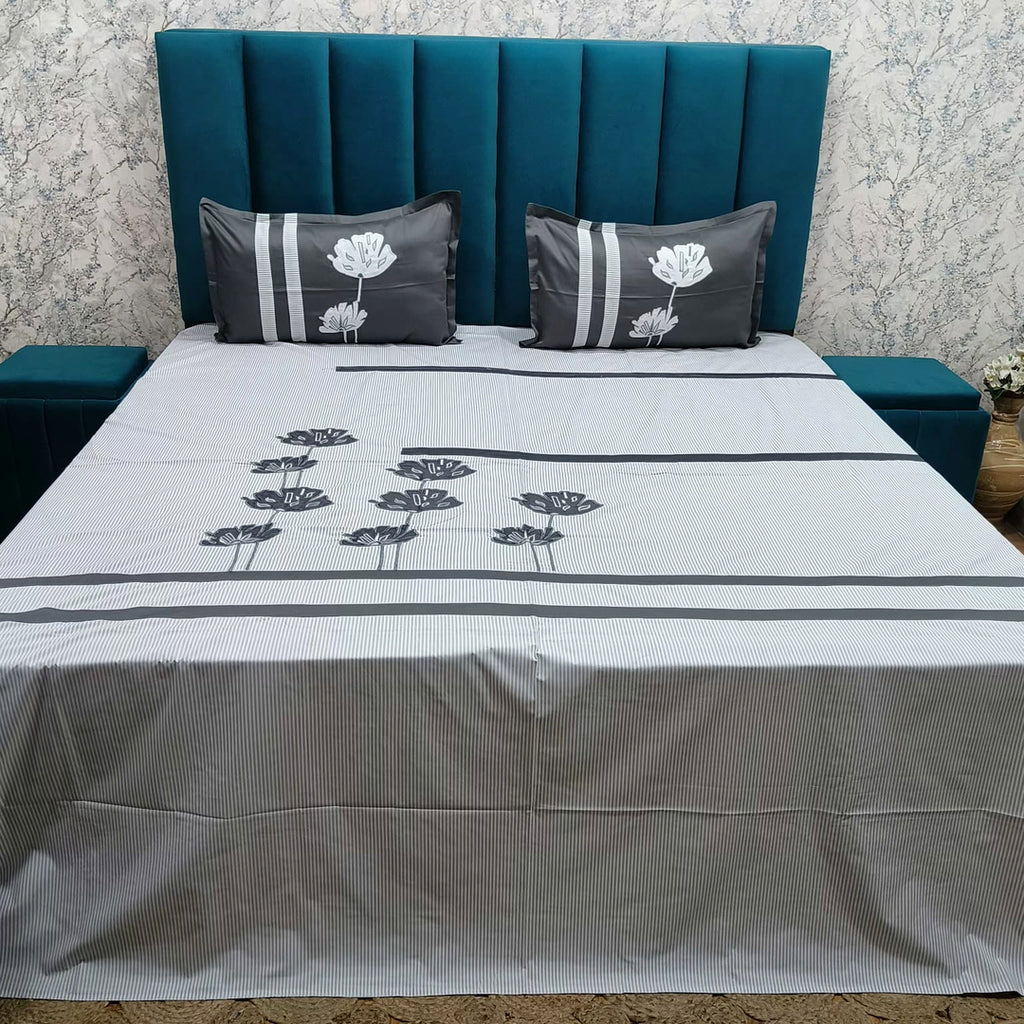 Shahi Karigari Pure Cotton King-Size Grey Floral Embroidered Bedsheet