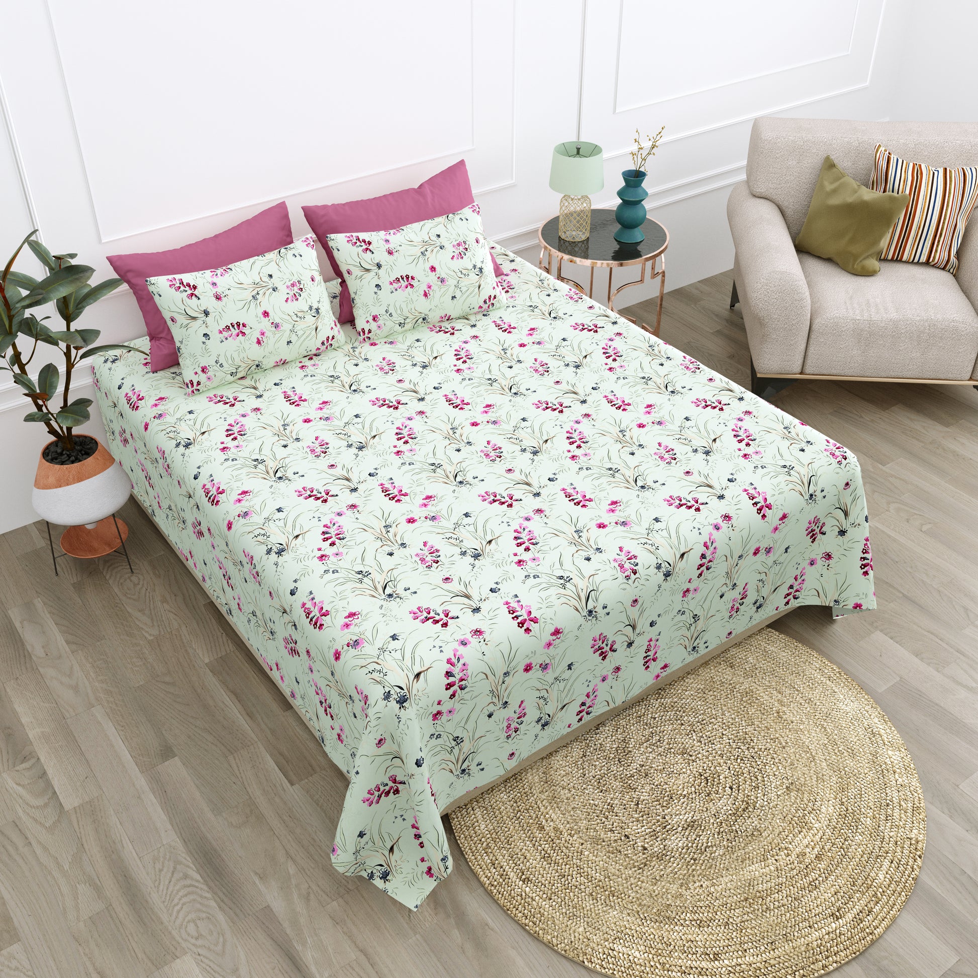 Rainbow Pink Blossom Premium Cotton King Size Bedsheet Set