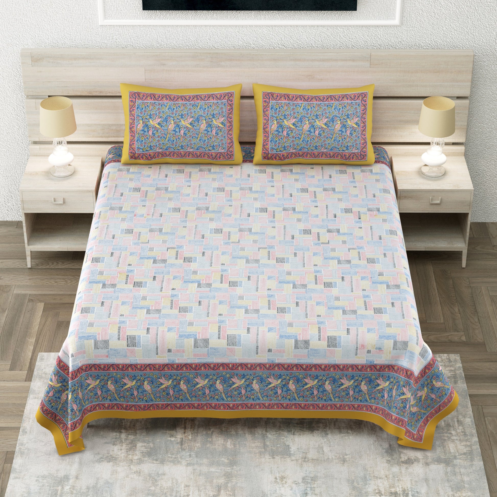MUGHLAI Azure Bloom Printed King Size Premium Cotton Bedsheet