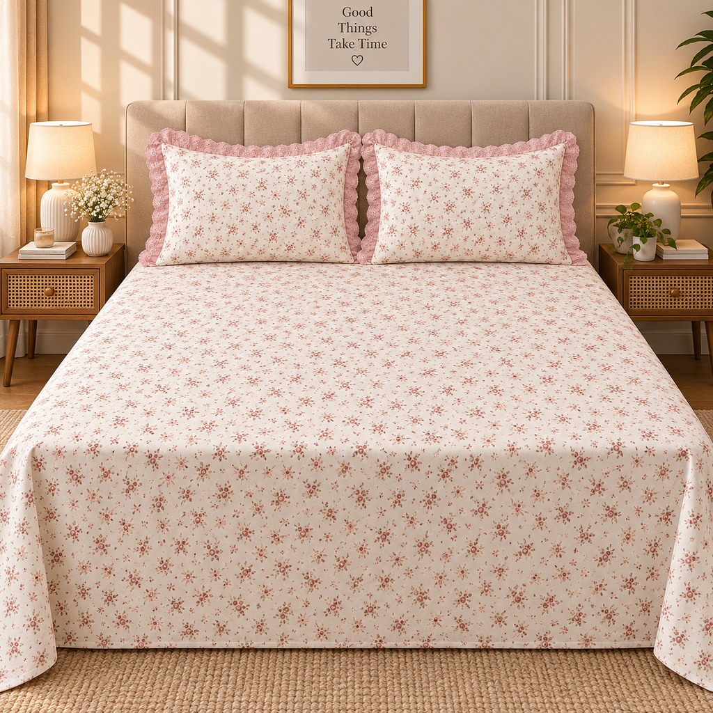 Secret Garden Ivory & Rust Floral Printed King Size Imported Fabric Bedsheet Set