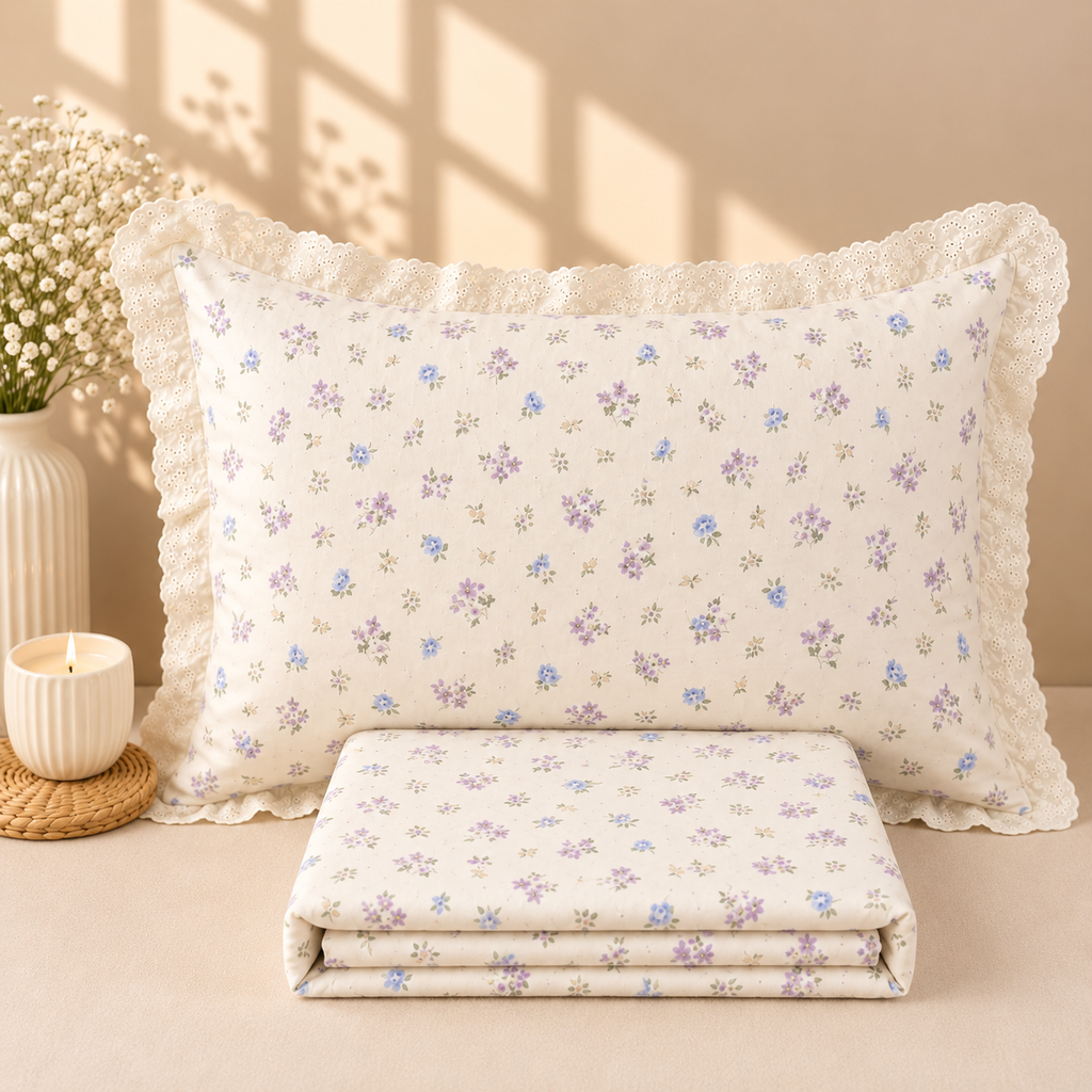 Secret Garden Ivory, Lavender & Blue Floral Printed King Size Imported Fabric Bedsheet Set