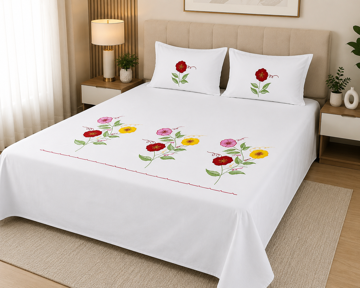 Fabby Decor Premium Pure Cotton Super King-Size Multicolor Floral Embroidered Designer Bedsheet