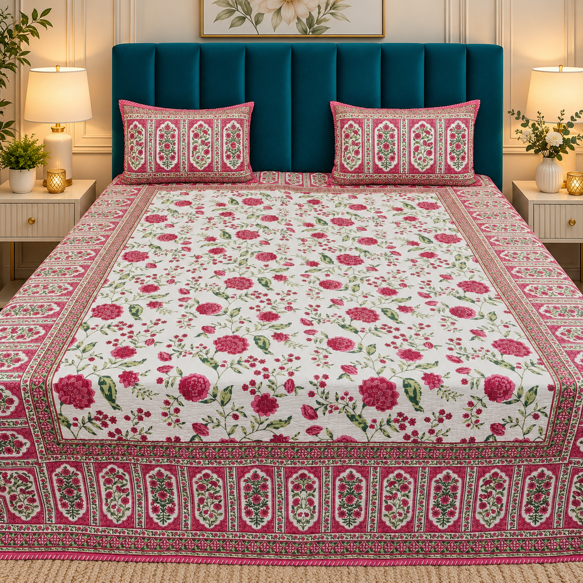 Nilaya Floral Premium Pure Cotton White & Pink Printed Bedcover