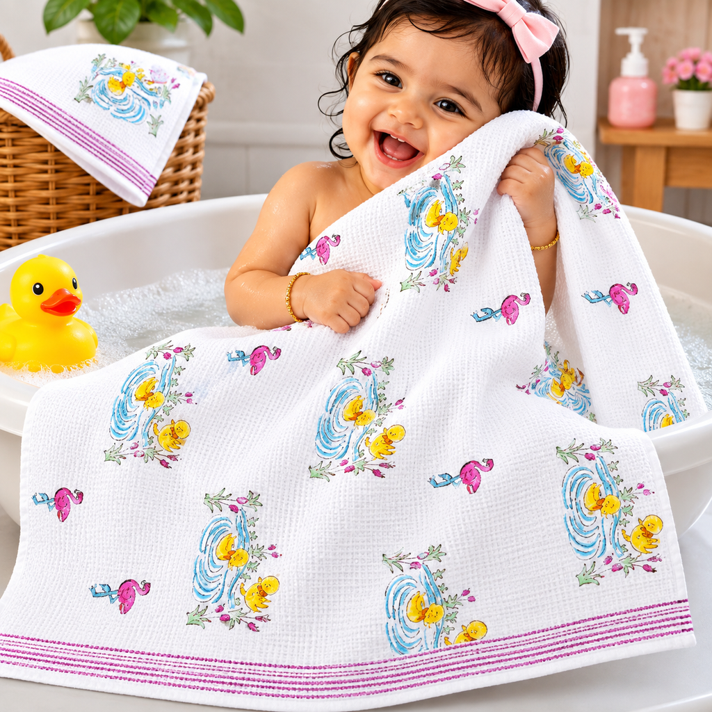 Kids Zone Waffle Printed Pure Cotton Bath & Hand Towels