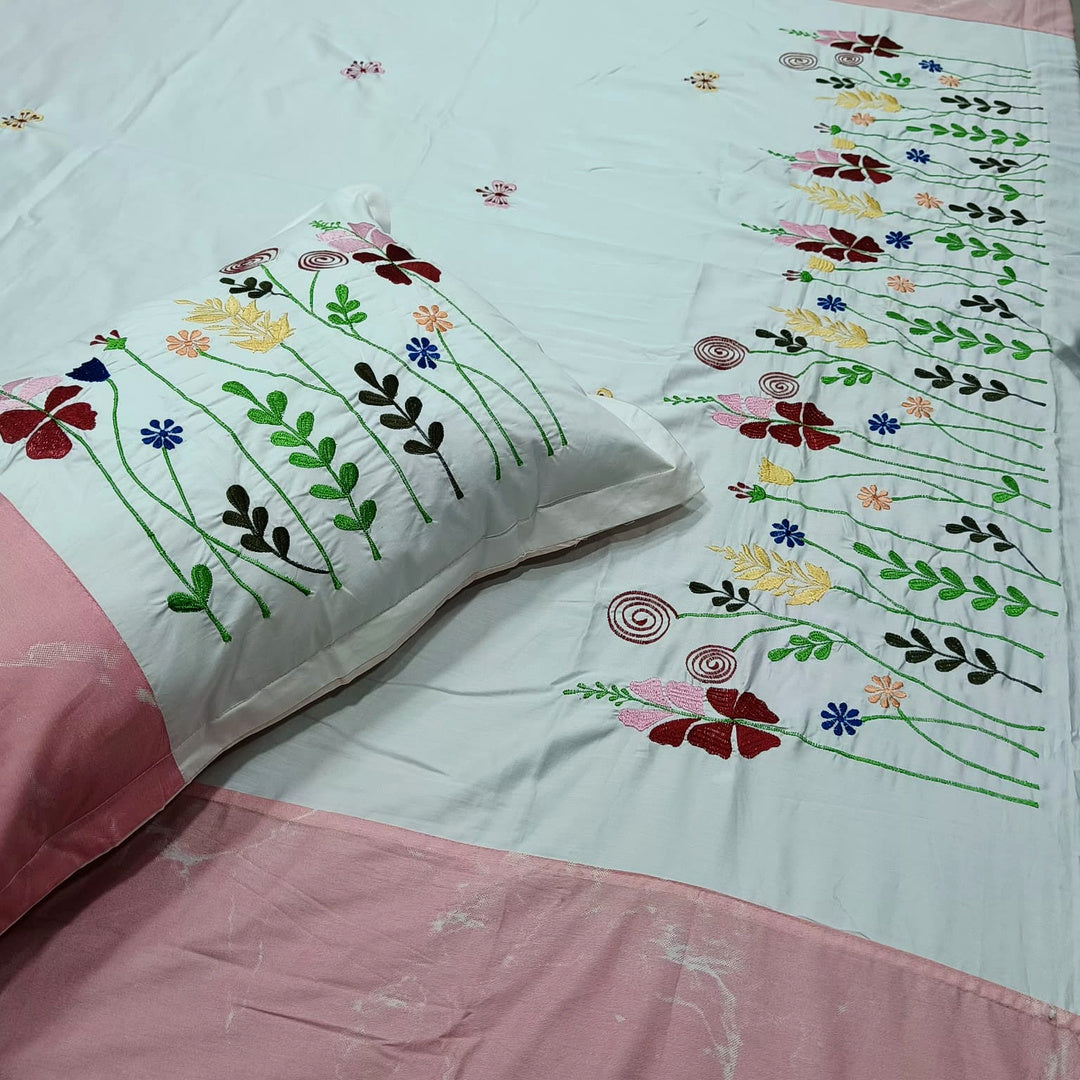 Shahi Karigari Pure Cotton King-Size Pink & White Floral Embroidered Bedsheet
