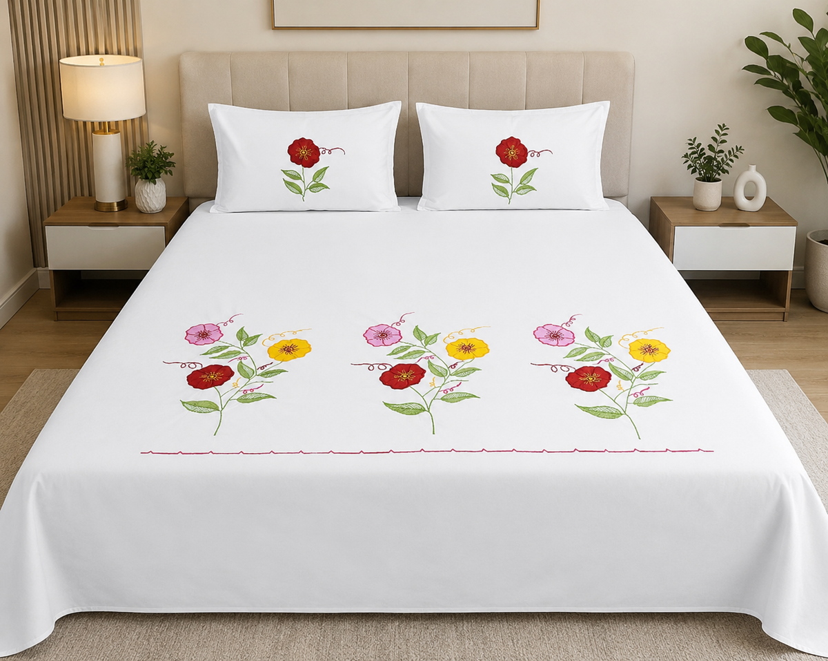Fabby Decor Premium Pure Cotton Super King-Size Multicolor Floral Embroidered Designer Bedsheet