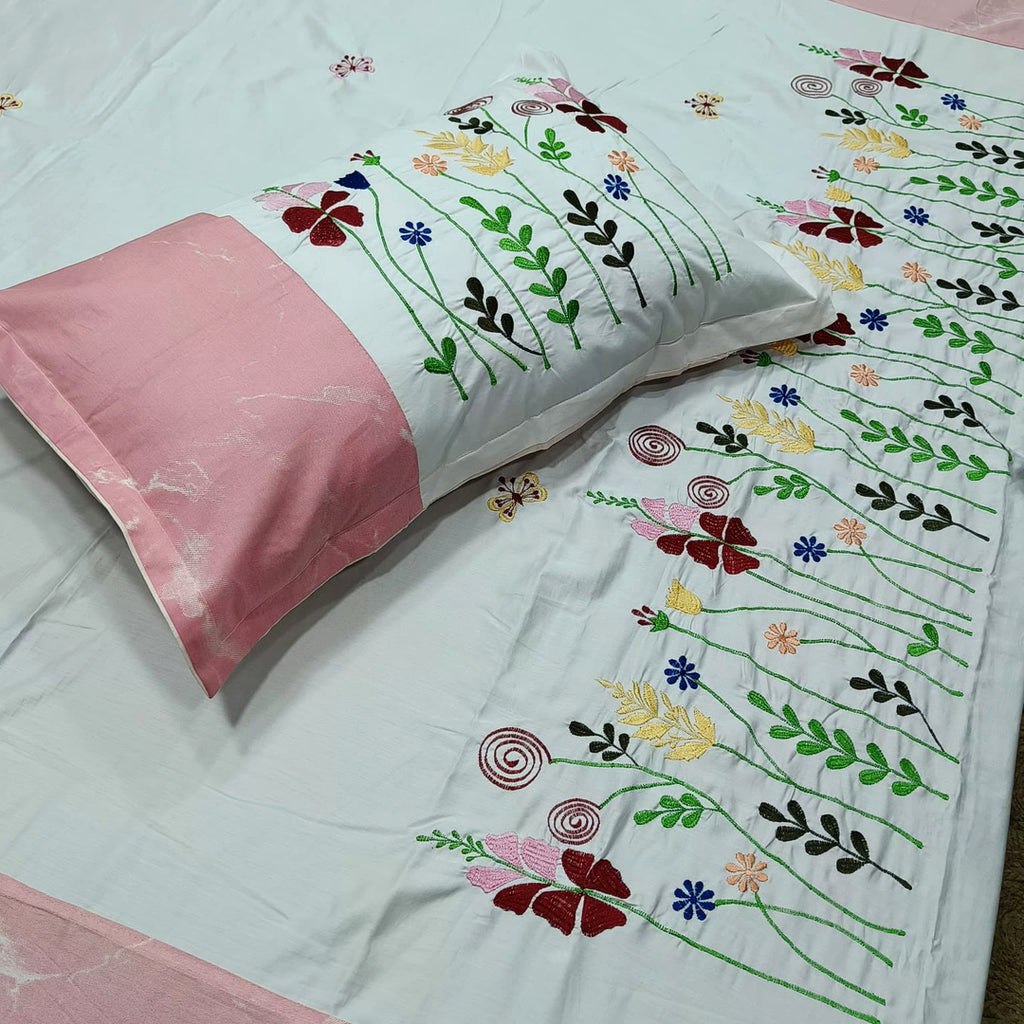 Shahi Karigari Pure Cotton King-Size Pink & White Floral Embroidered Bedsheet