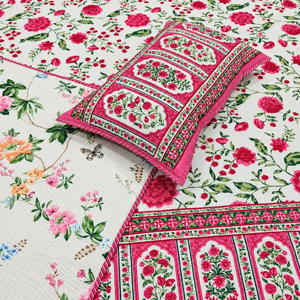 Nilaya Floral Premium Pure Cotton White & Pink Printed Bedcover