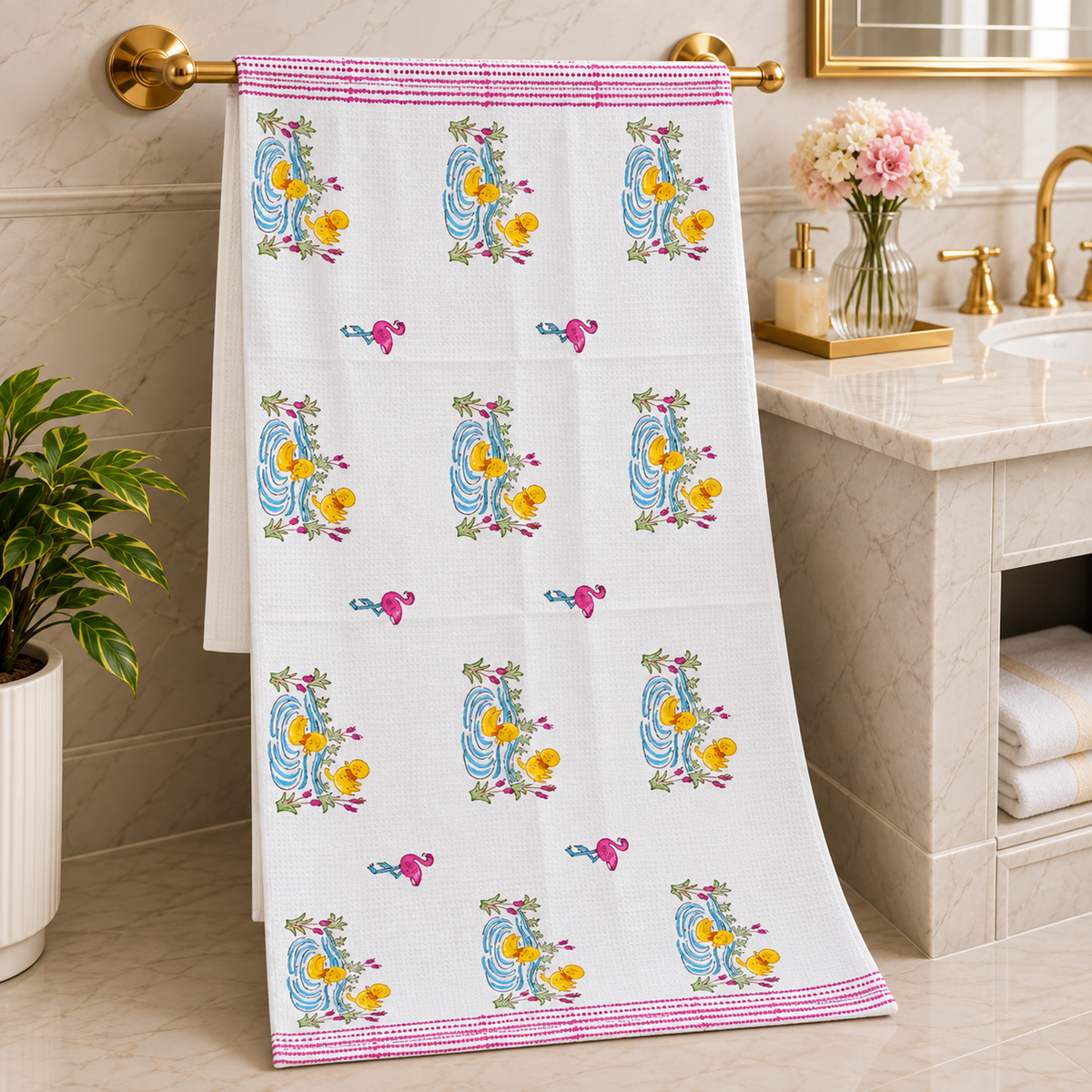 Kids Zone Waffle Printed Pure Cotton Bath & Hand Towels
