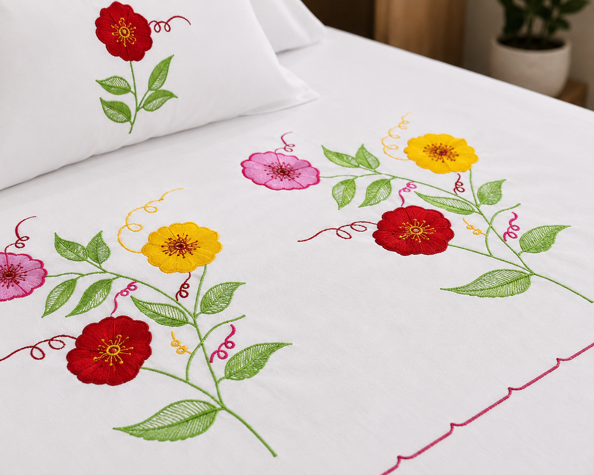 Fabby Decor Premium Pure Cotton Super King-Size Multicolor Floral Embroidered Designer Bedsheet