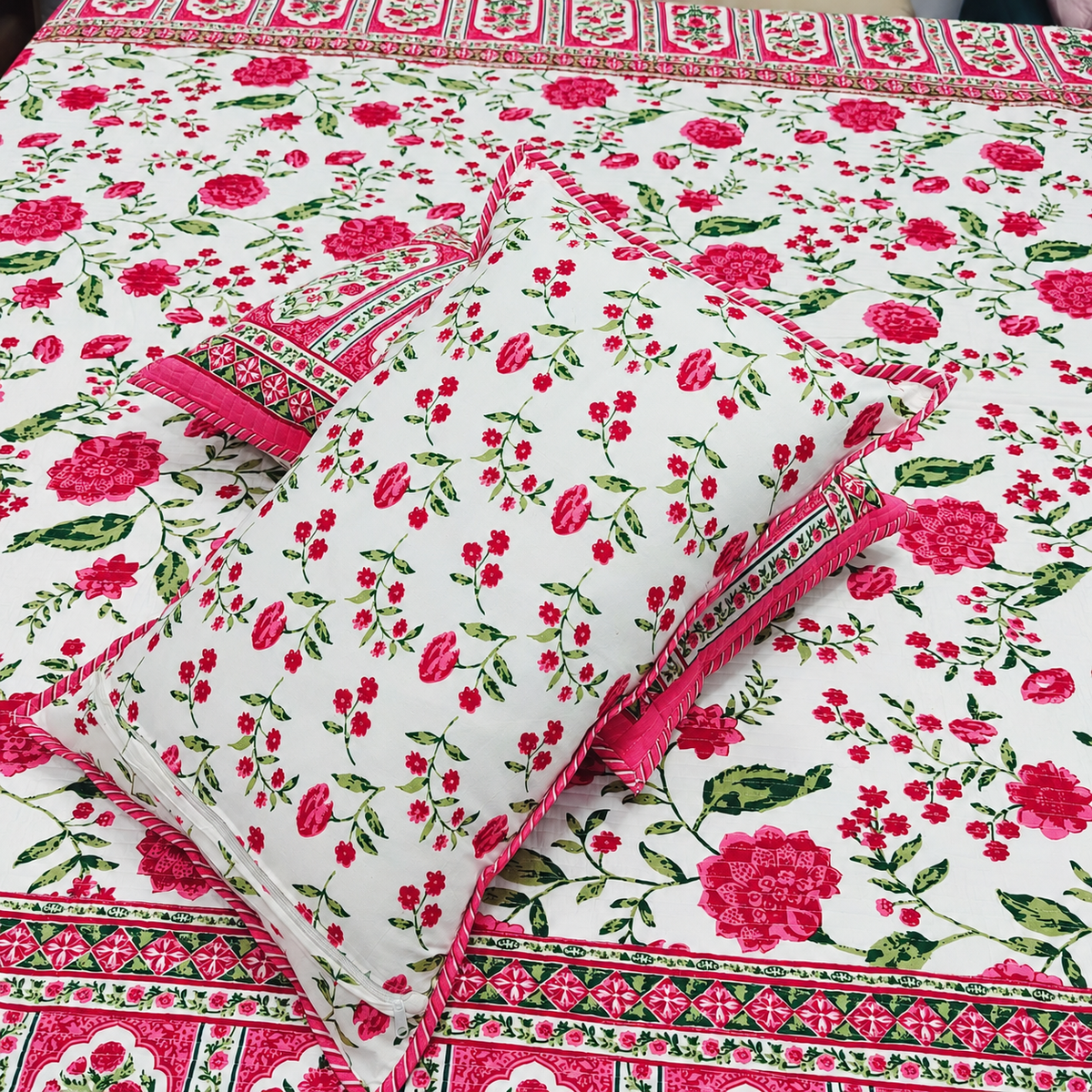 Nilaya Floral Premium Pure Cotton White & Pink Printed Bedcover