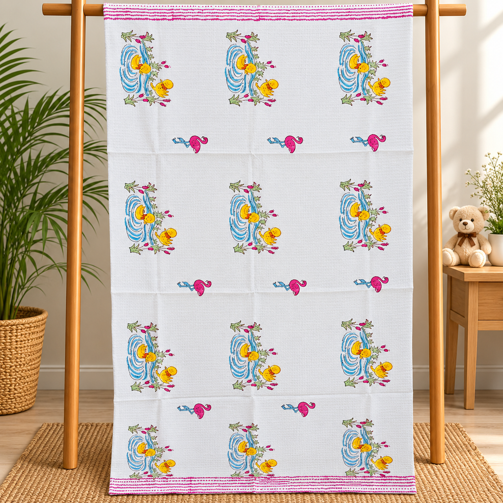 Kids Zone Waffle Printed Pure Cotton Bath & Hand Towels