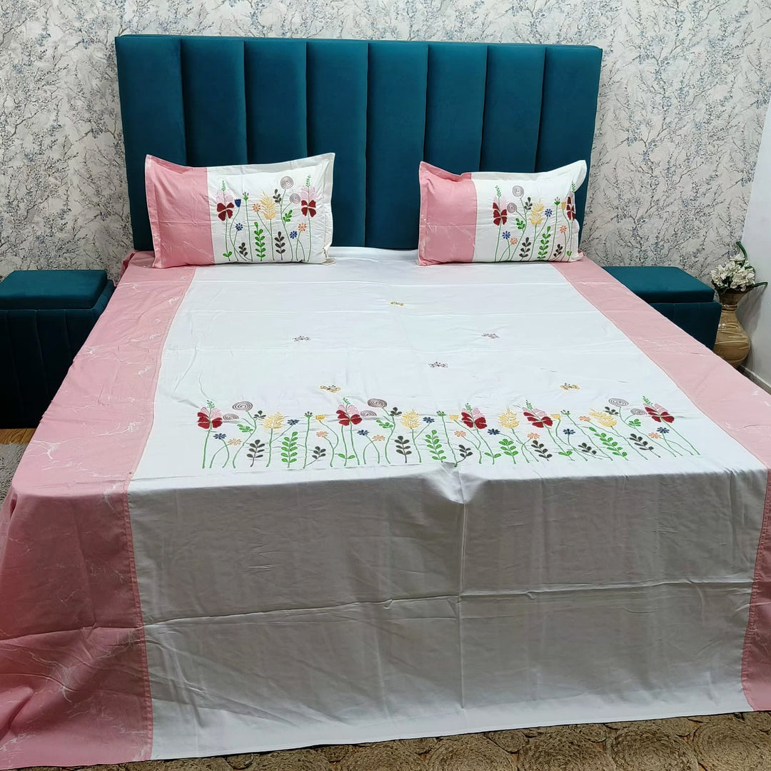 Shahi Karigari Pure Cotton King-Size Pink & White Floral Embroidered Bedsheet