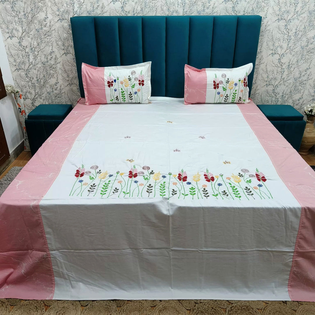 Shahi Karigari Pure Cotton King-Size Pink & White Floral Embroidered Bedsheet