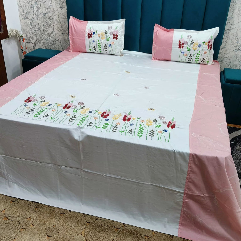 Shahi Karigari Pure Cotton King-Size Pink & White Floral Embroidered Bedsheet