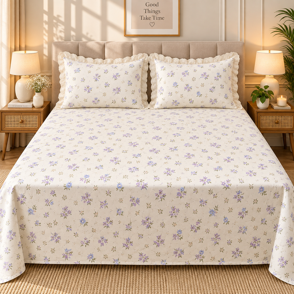 Secret Garden Ivory, Lavender & Blue Floral Printed King Size Imported Fabric Bedsheet Set