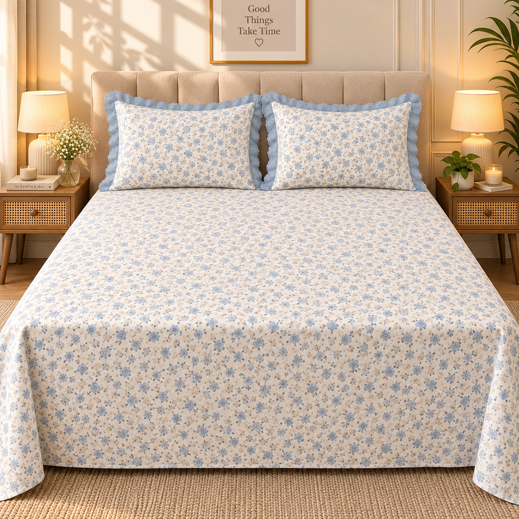 Secret Garden Ivory & Blue Floral Printed King Size Imported Fabric Bedsheet Set
