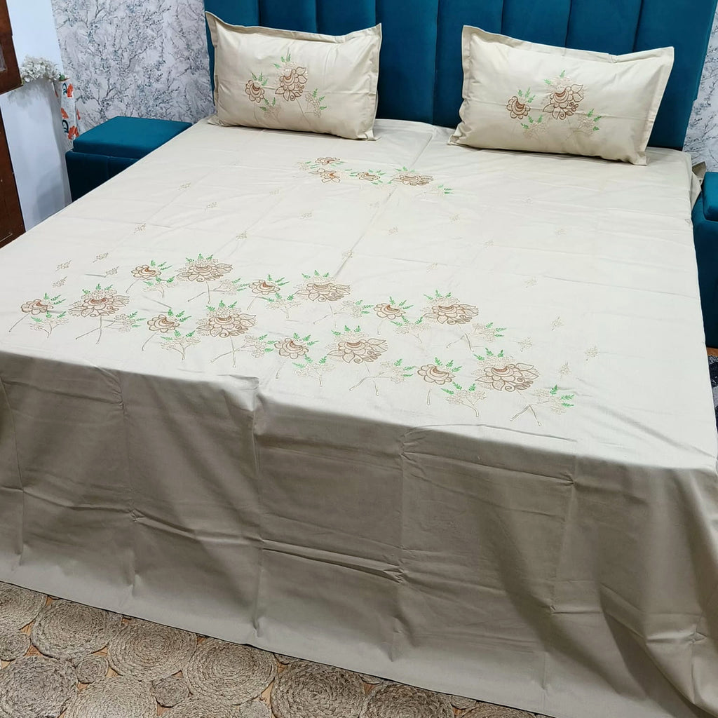 Shahi Karigari Pure Cotton King-Size Beige Floral Embroidered Bedsheet