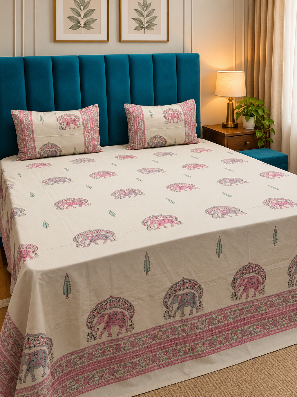 Percale Premium Ivory & Pink Elephant Floral Hand Block Printed Super King-Size Cotton Bedsheet (300TC)
