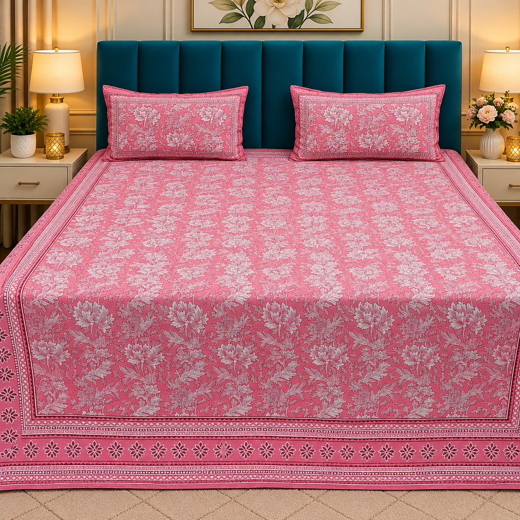 Nilaya Floral Premium Pure Cotton Pink & White Printed Bedcover