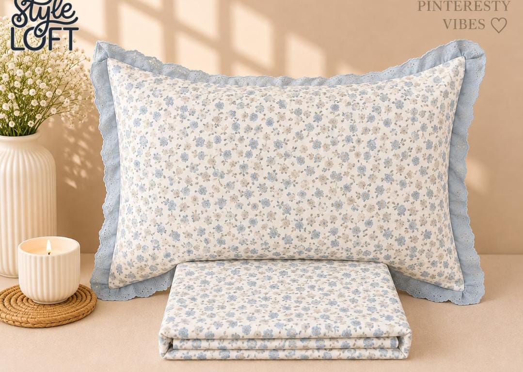 Secret Garden Ivory & Blue Floral Printed King Size Imported Fabric Bedsheet Set