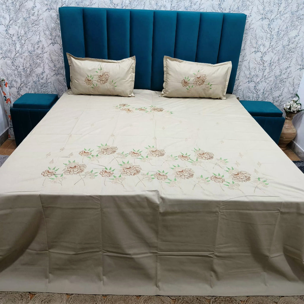 Shahi Karigari Pure Cotton King-Size Beige Floral Embroidered Bedsheet