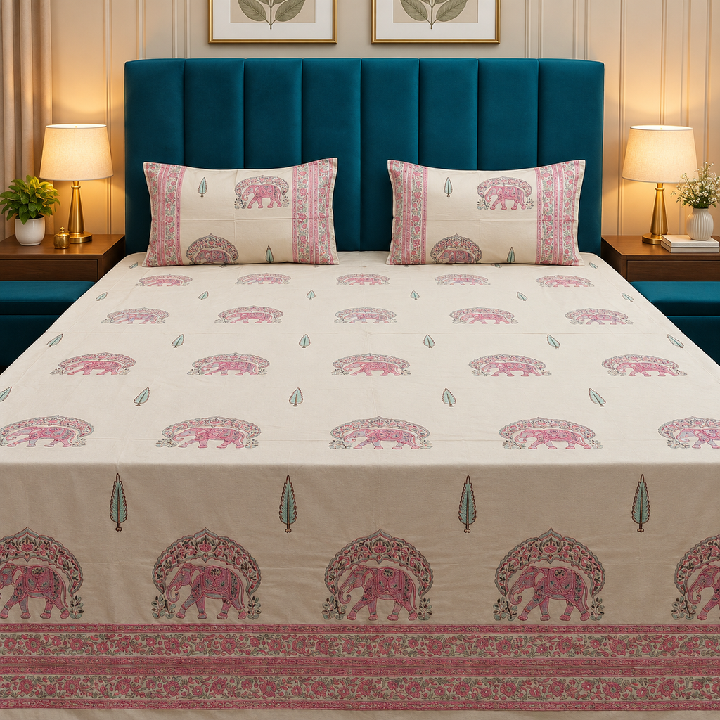 Percale Premium Ivory & Pink Elephant Floral Hand Block Printed Super King-Size Cotton Bedsheet (300TC)