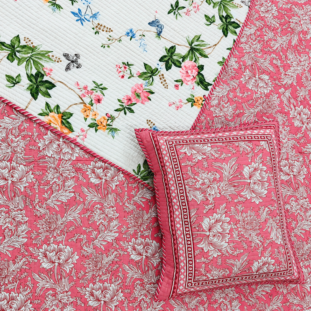 Nilaya Floral Premium Pure Cotton Pink & White Printed Bedcover