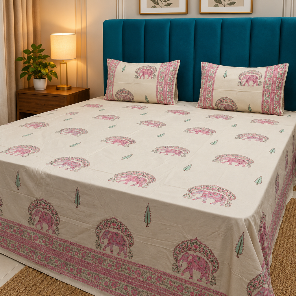 Percale Premium Ivory & Pink Elephant Floral Hand Block Printed Super King-Size Cotton Bedsheet (300TC)