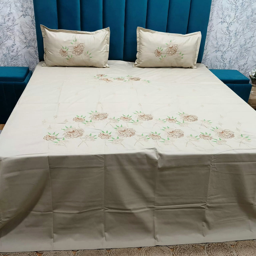 Shahi Karigari Pure Cotton King-Size Beige Floral Embroidered Bedsheet