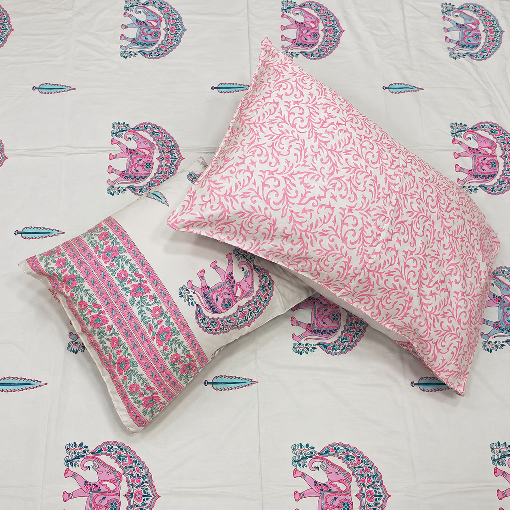 Percale Premium Ivory & Pink Elephant Floral Hand Block Printed Super King-Size Cotton Bedsheet (300TC)