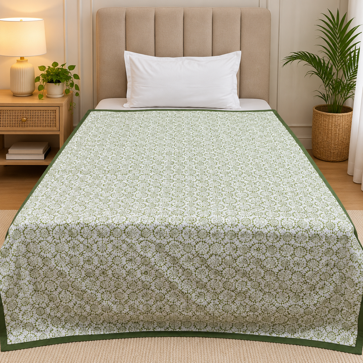 Sunehri Elegant Olive Green & White Floral Printed Single Bed Dohar