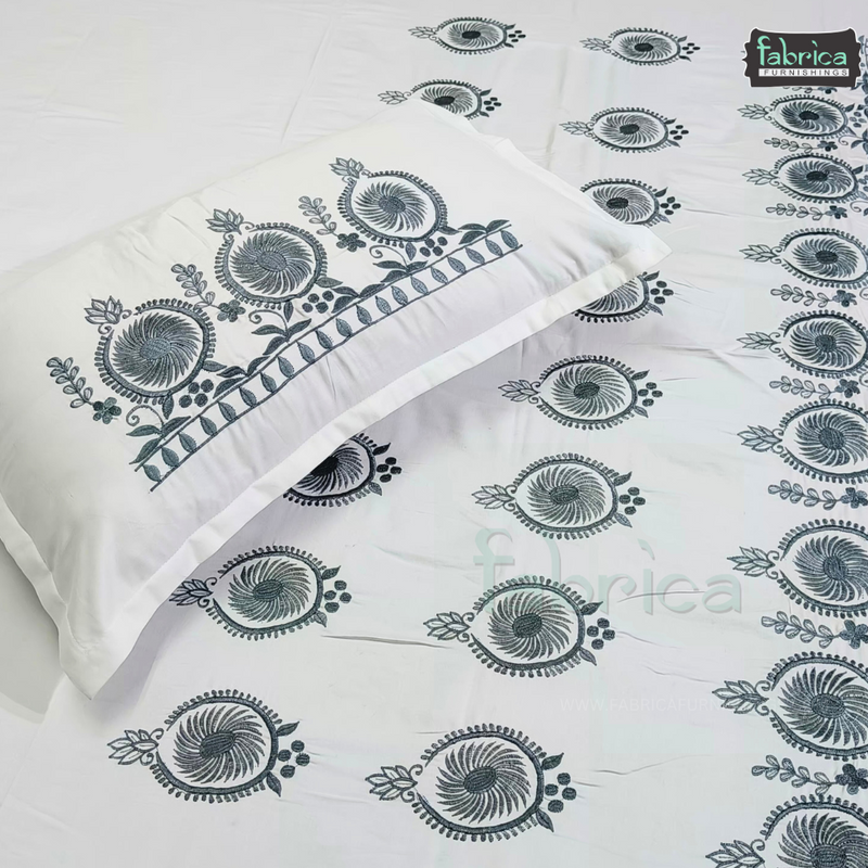 Fabby Decor Designer Embroidery Cotton King Size Bed Sheets