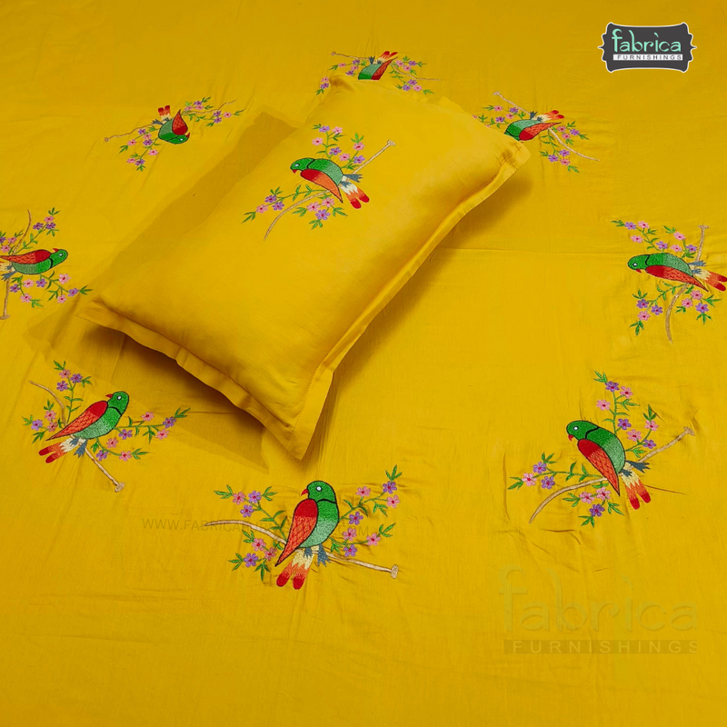 Fabby Parrot Embroider King Size Bed Sheets