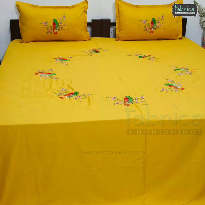 Fabby Parrot Embroider King Size Bed Sheets