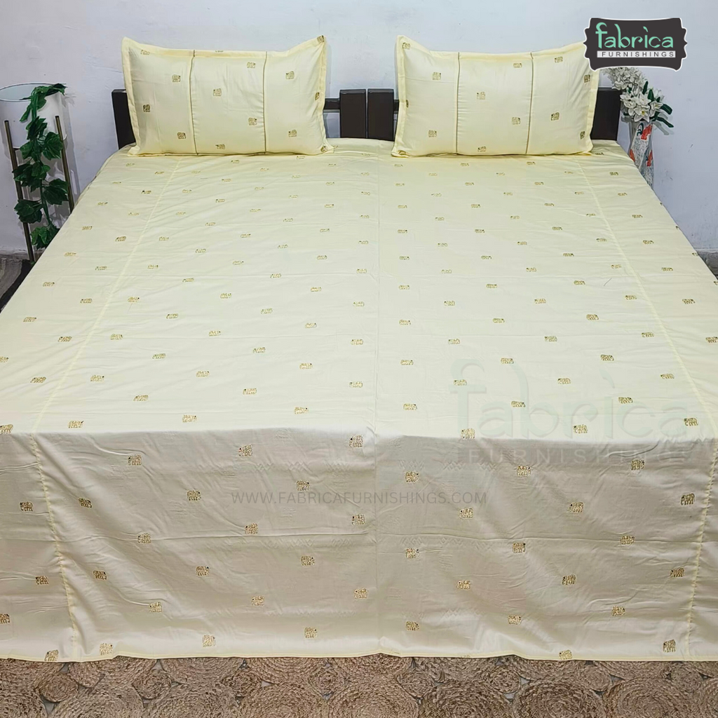 Elephant Motif Foil Work Embroidered King Size Bedsheet