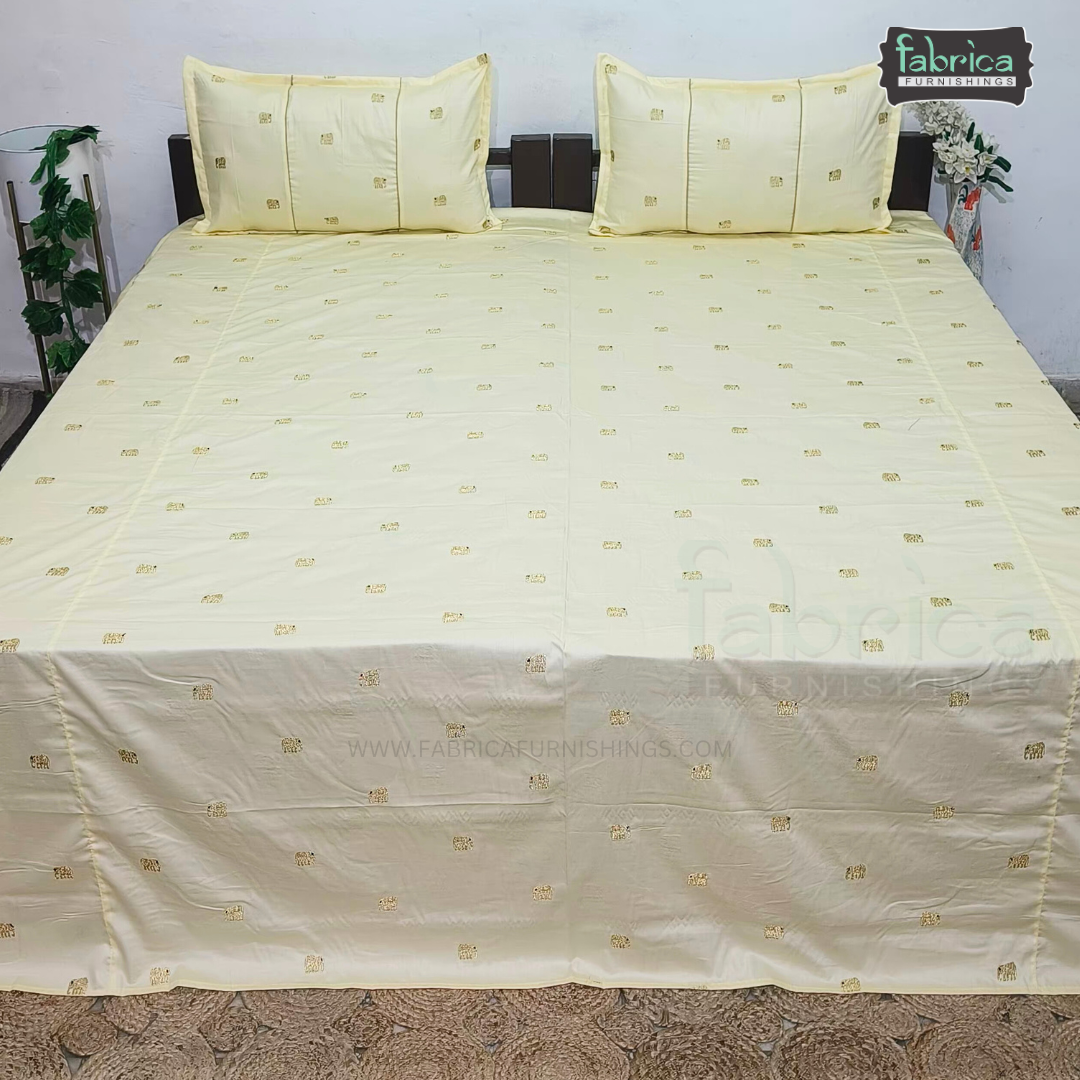 Elephant Motif Foil Work Embroidered King Size Bedsheet
