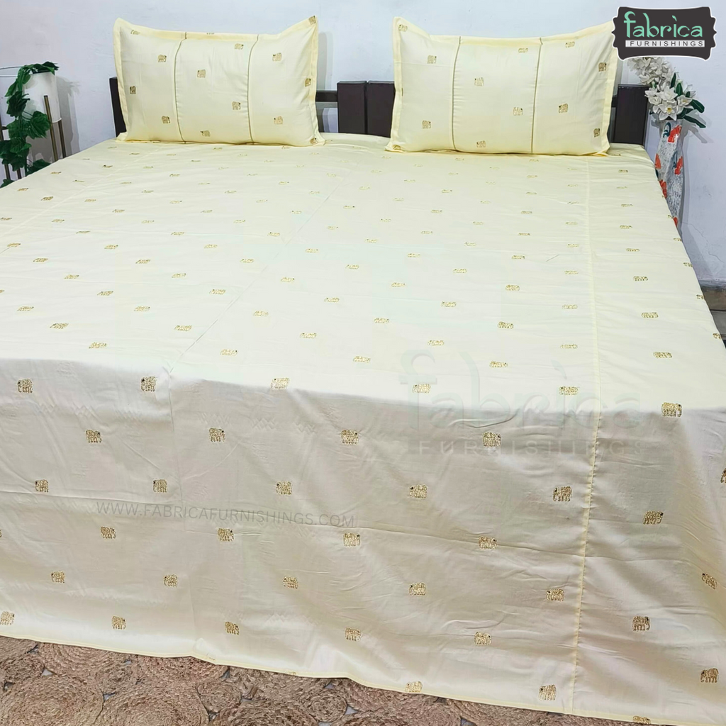Elephant Motif Foil Work Embroidered King Size Bedsheet