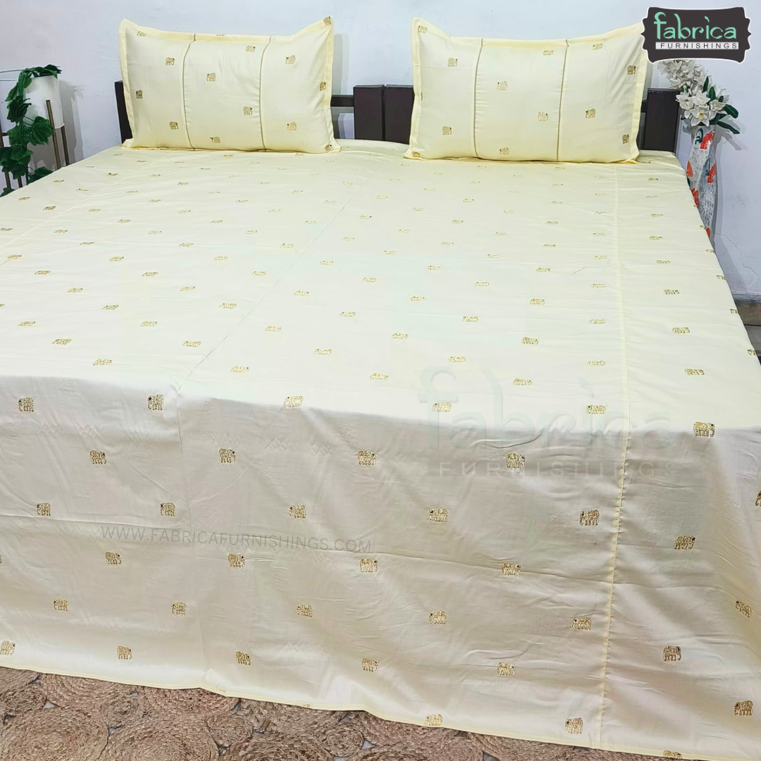 Elephant Motif Foil Work Embroidered King Size Bedsheet