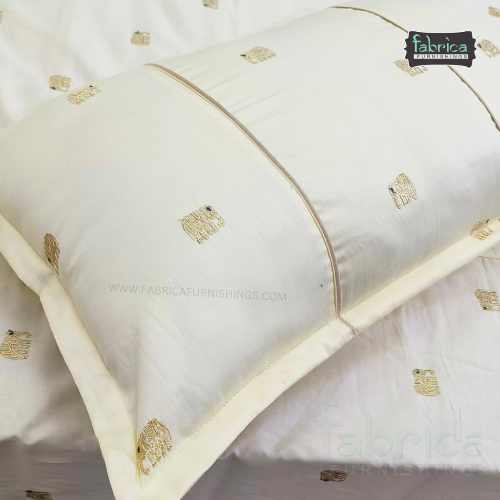 Elephant Motif Foil Work Embroidered King Size Bedsheet