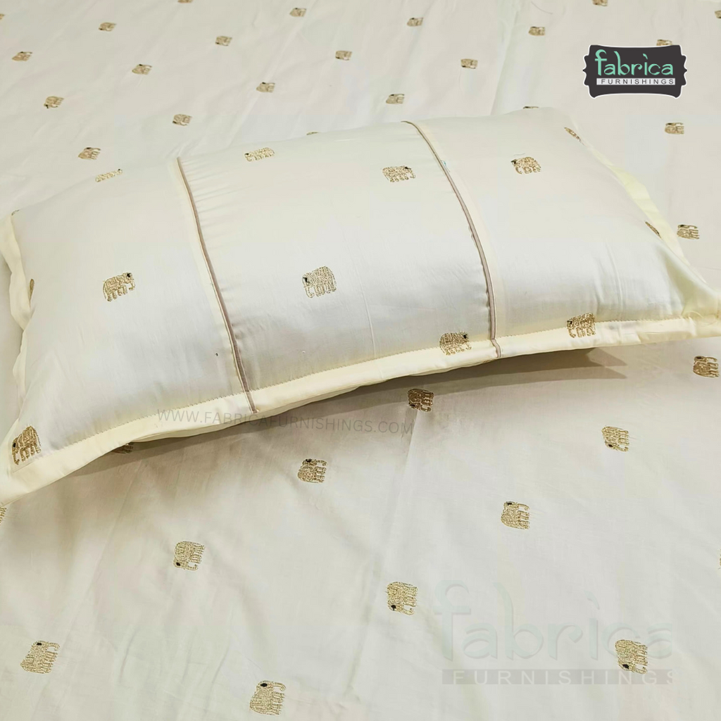 Elephant Motif Foil Work Embroidered King Size Bedsheet